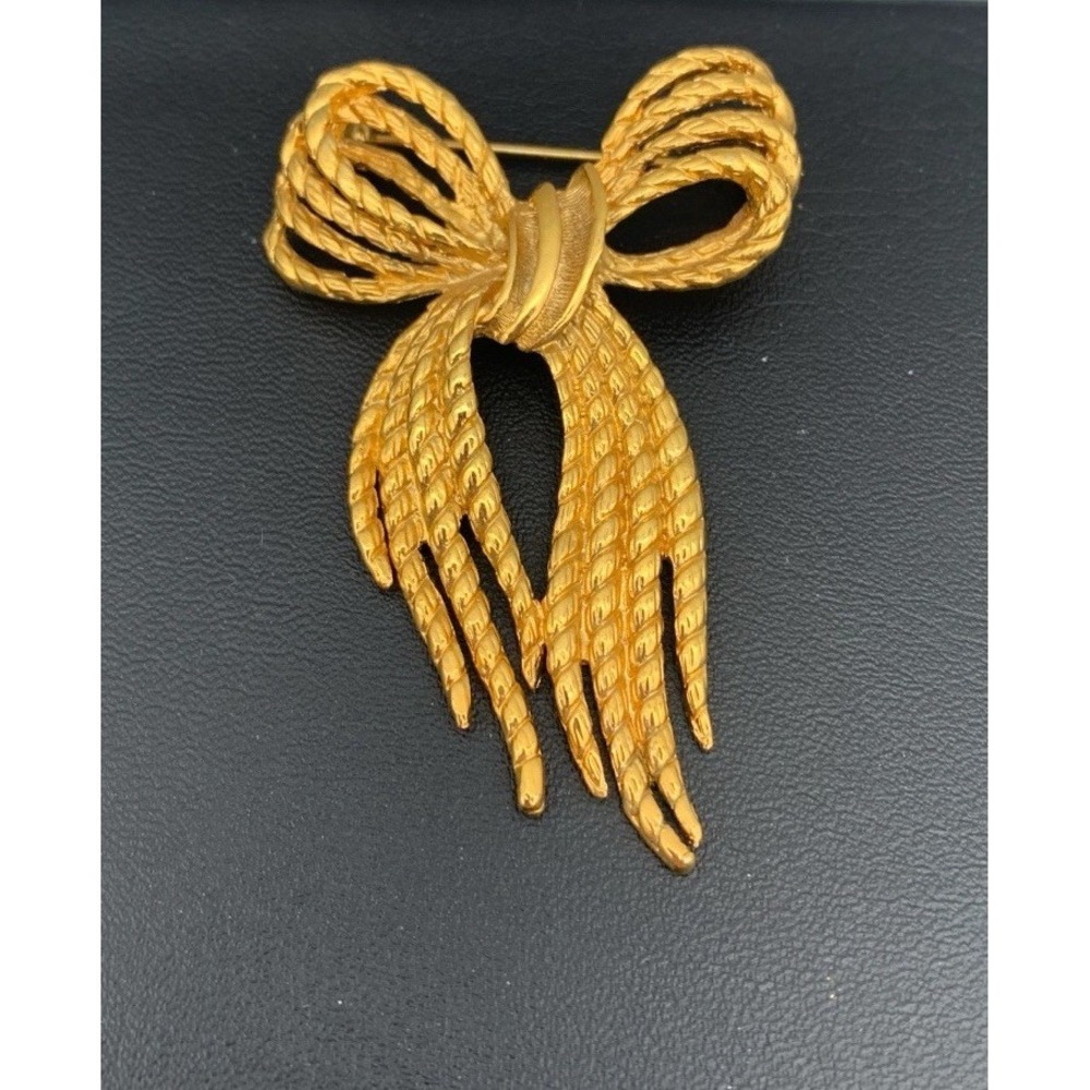 Vintage 1980s Signed Angel Gold Tone Rope Knotted Bow Brooch Pin
